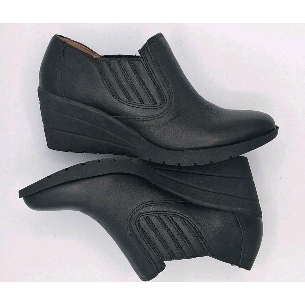Thom McAn Shoes Womens 8.5 Deidre Black Leather Slip On Clog Wedge Heels Comfort